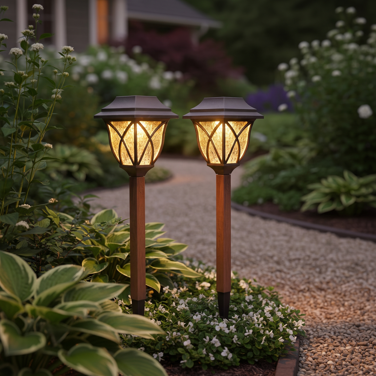 Solar Wooden Stake Landscape Lights, 2 Pack