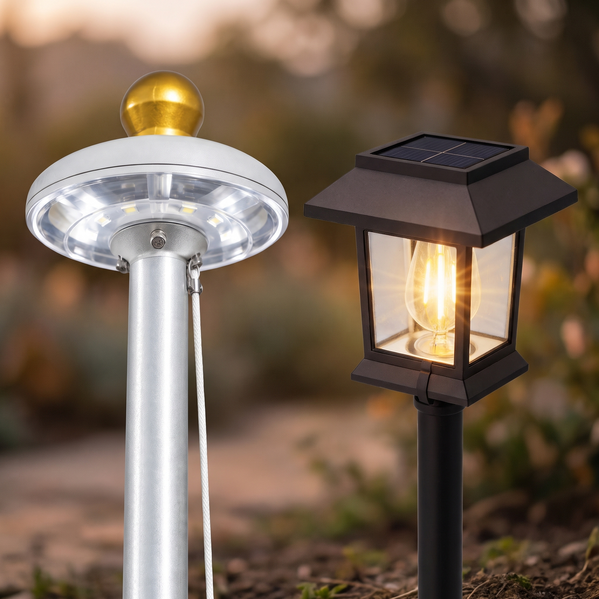 Solar Flag Pole Light and Filament Garden Light Set