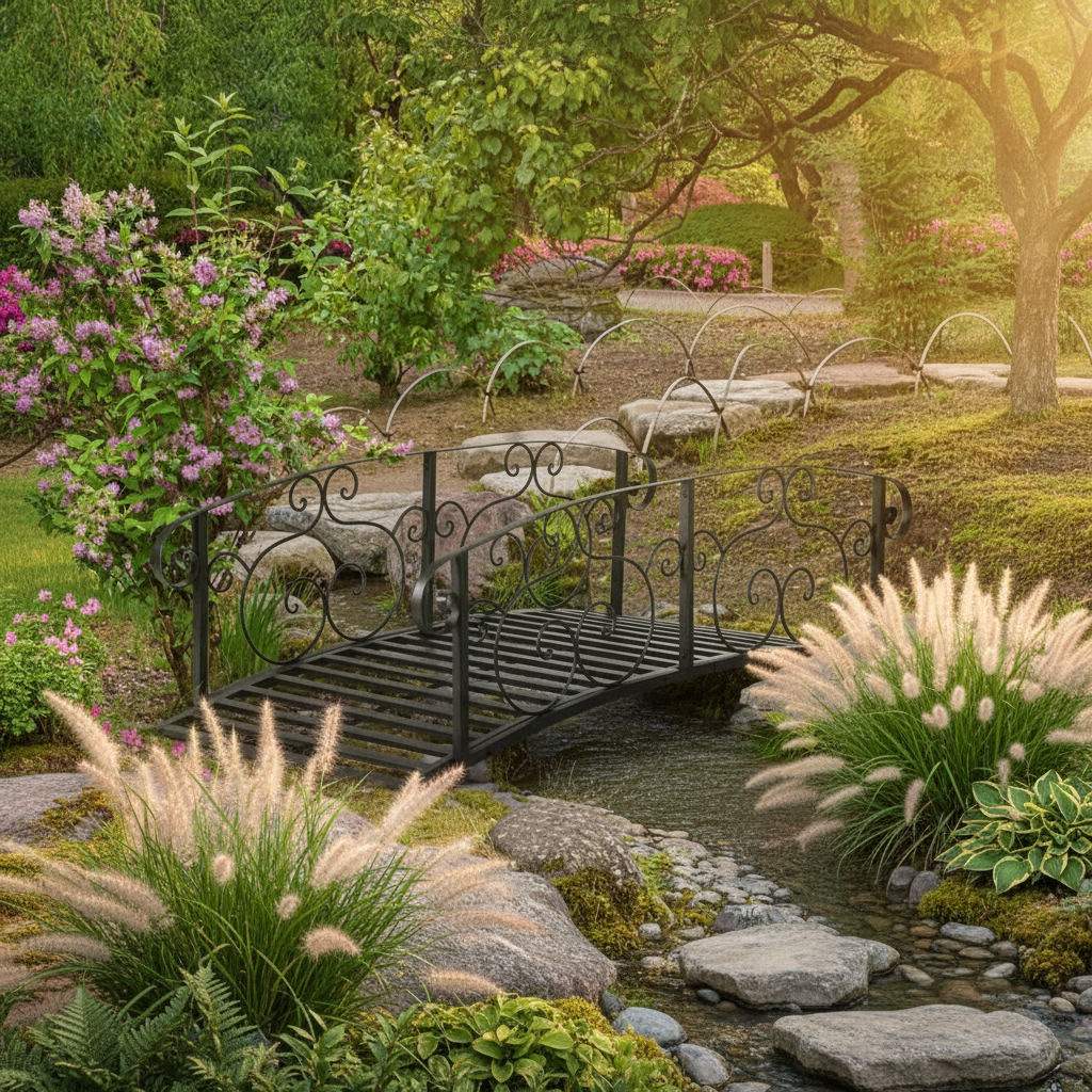 6 ft Arched Metal Garden Bridge with Side Rails, Black