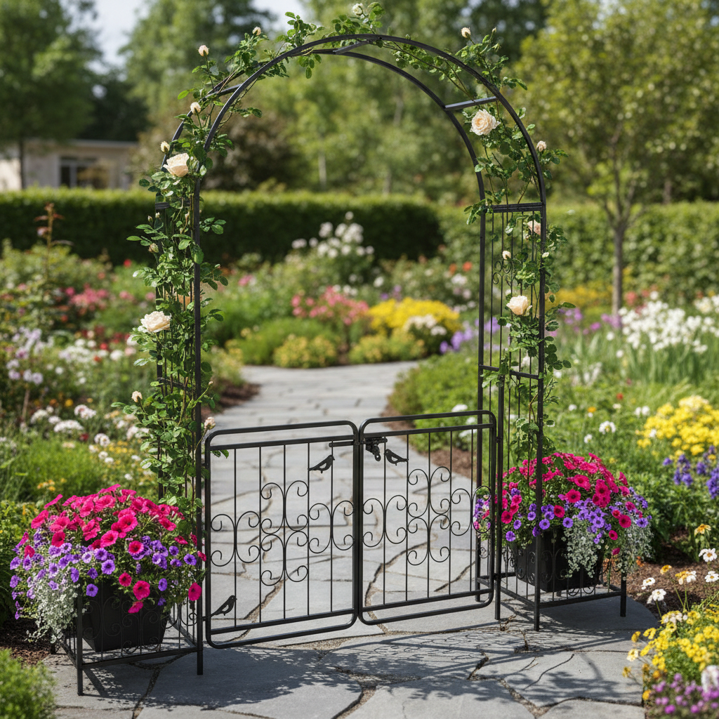 Iron Garden Arbor Arch with Gate and Planter, Black