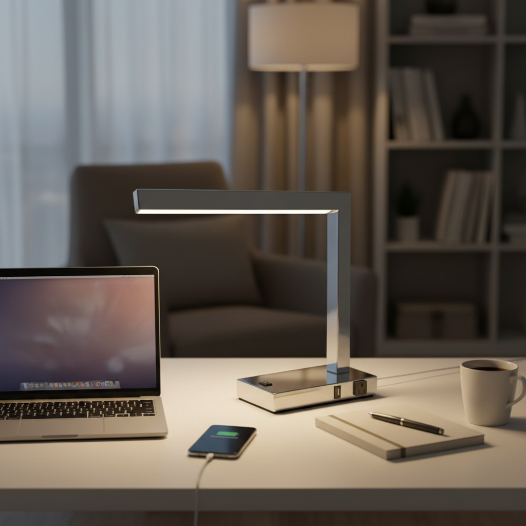 Modern LED Desk Lamp with USB Port and Outlet, Pewter