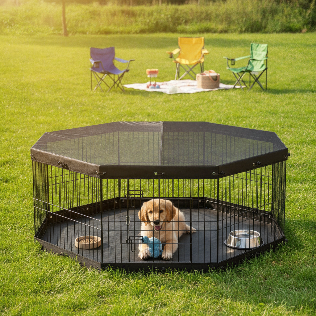 8 Panel Metal Dog Playpen, 63 in, Cover and Floor Pad