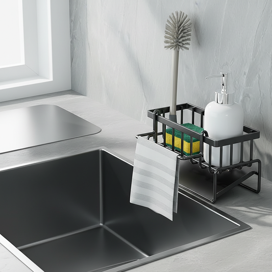 Kitchen Sink Caddy with Swivel Drain Spout, Black Metal