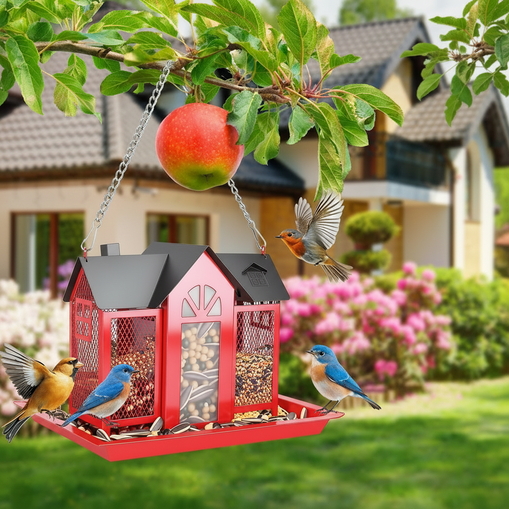 Barn Style Hanging Metal Bird Feeder with Seed Window