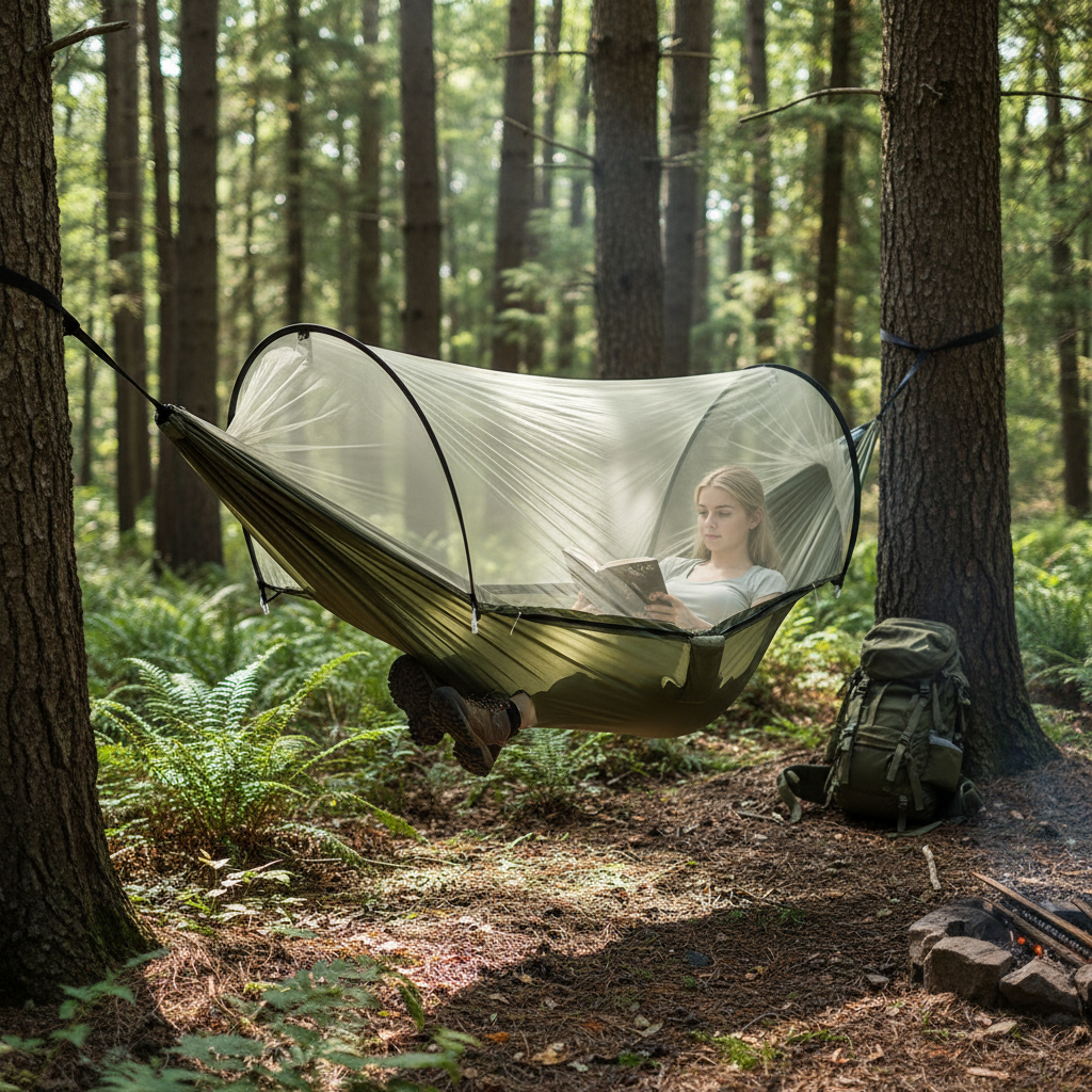 Camping Hammock with Mesh Net, 440 lb Capacity