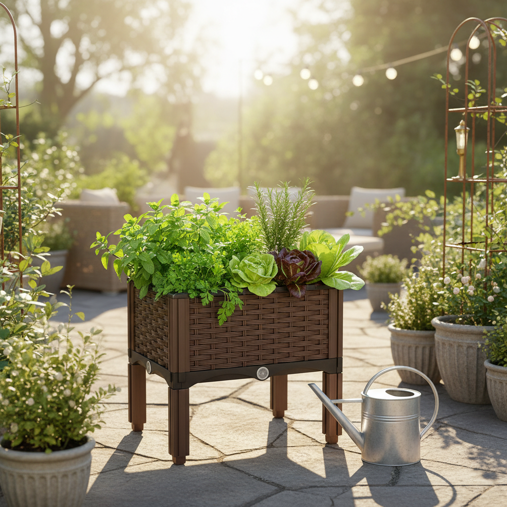 Elevated Raised Garden Bed with Self Watering Tray, Brown