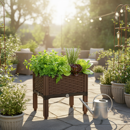 Elevated Raised Garden Bed with Self Watering Tray, Brown