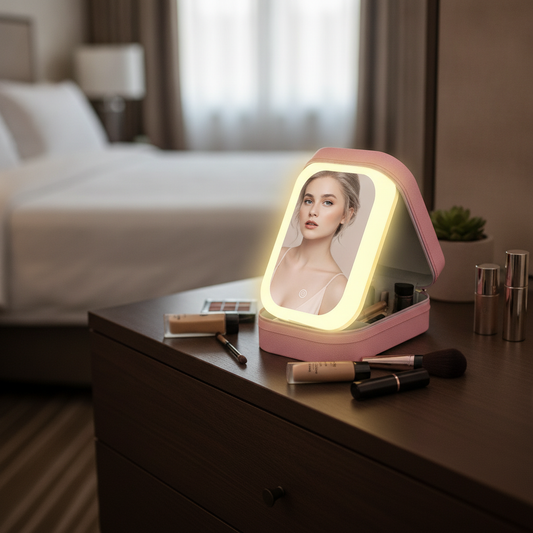 Travel Makeup Bag with LED Mirror, 4 Compartments