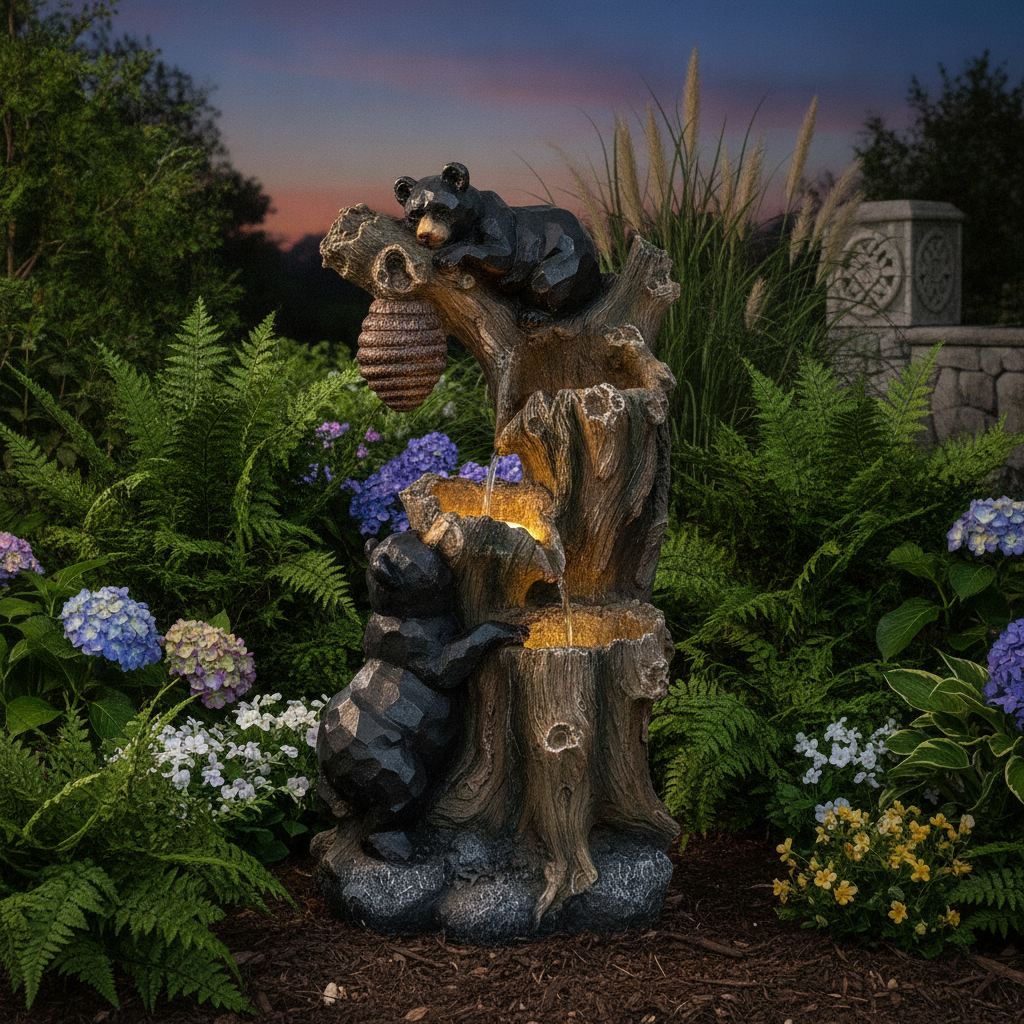 22.4 in 3 Tier Resin Bear and Beehive Outdoor Fountain