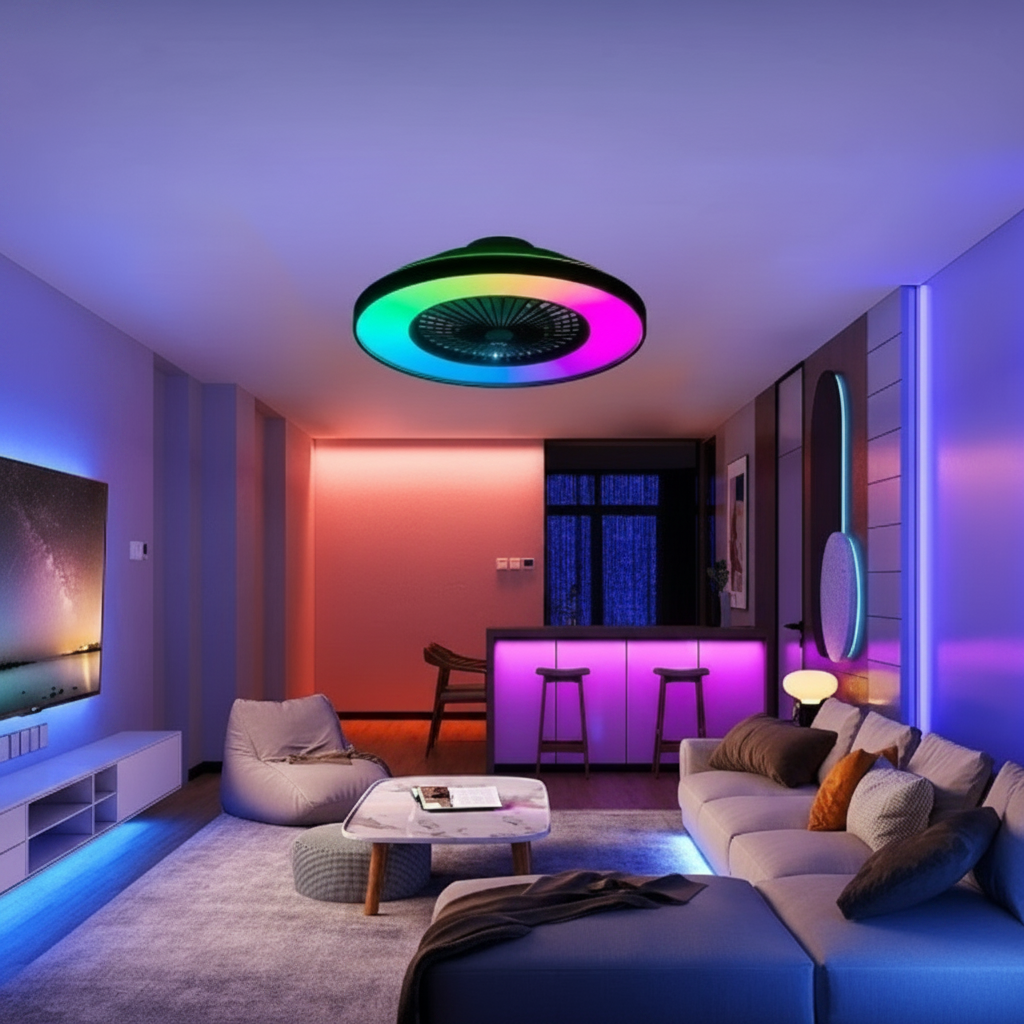 23 in Black Ceiling Fan Light, RGB LED, App and Remote