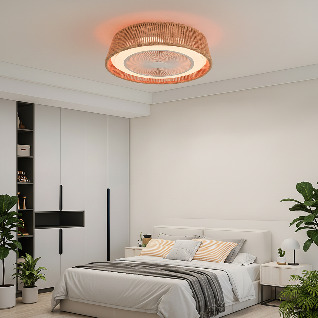 Rope Woven Ceiling Fan Light with RGB LED, Semi Flush