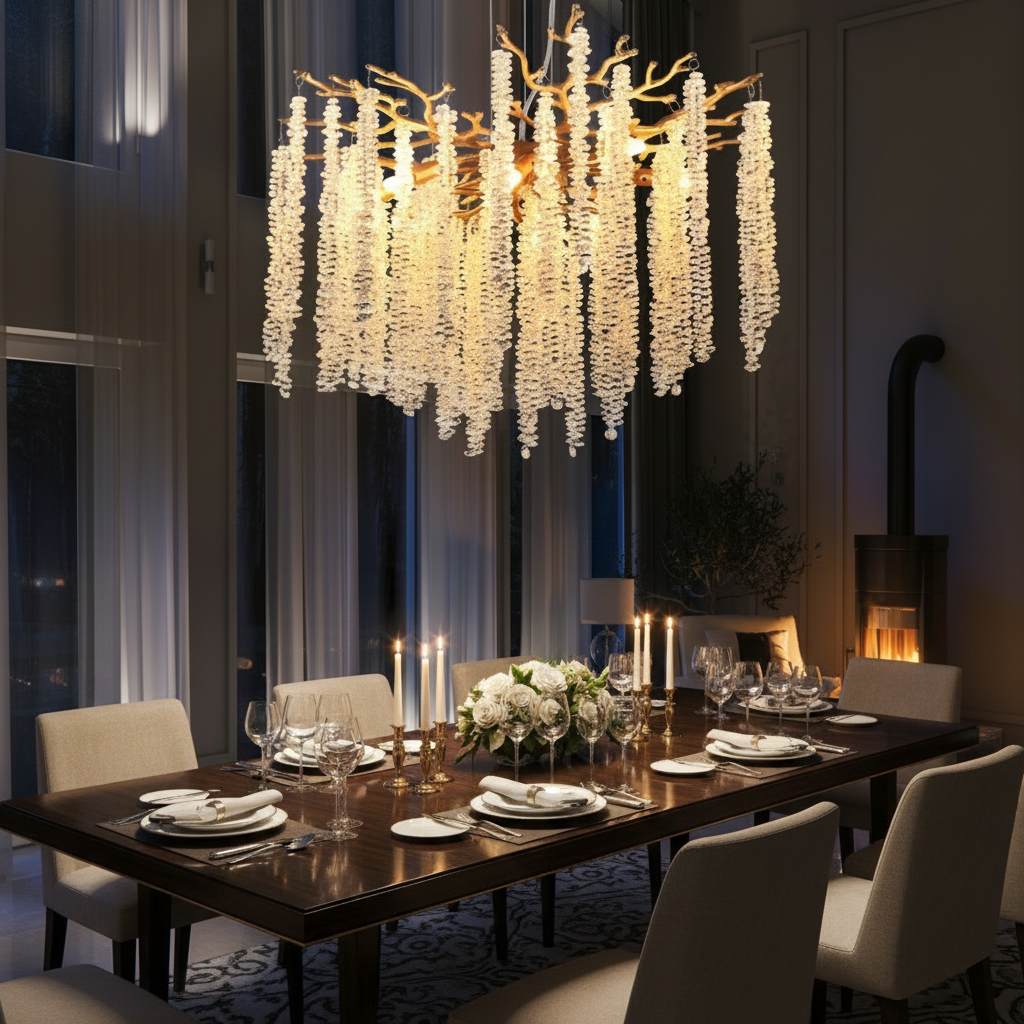 23.6 in Gold Pendant Light with Cascading Crystal Strands