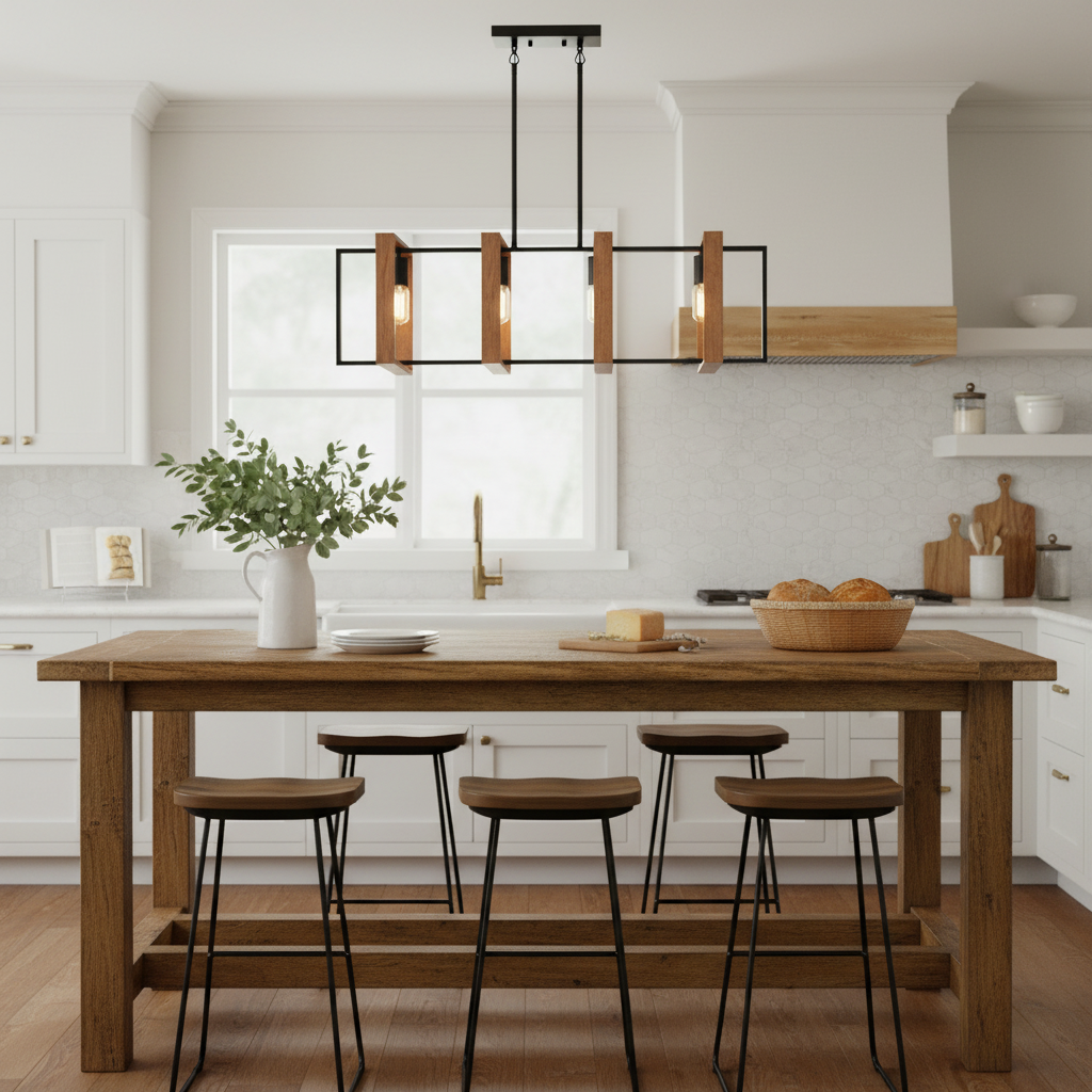 4 Light Wood and Black Metal Island Pendant, 36 in