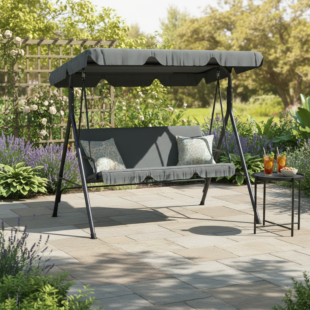 3 Seat Patio Swing with Tilt Canopy and Cushion, Gray