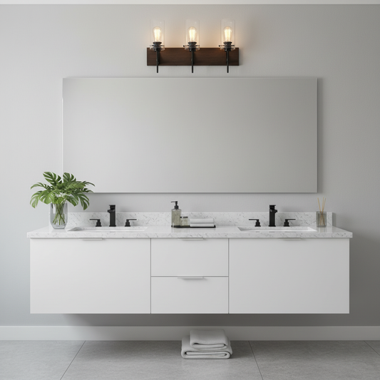 3 Light Vanity Light, Matte Black and Wood, Glass Shades