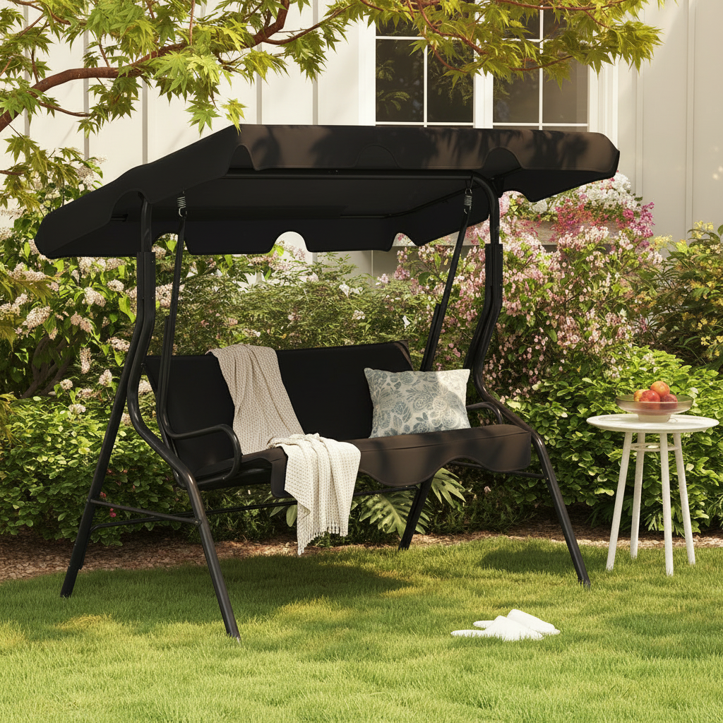3 Seat Patio Canopy Swing with Cushions, Black Steel Frame