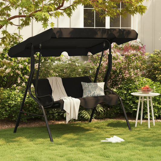 3 Seat Patio Canopy Swing with Cushions, Black Steel Frame