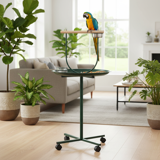 48 in Rolling Bird T-Stand with Perch and Bowls, Green