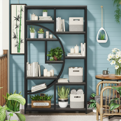 9-Shelf Half-Moon Etagere Bookcase, Metal and Wood Grain