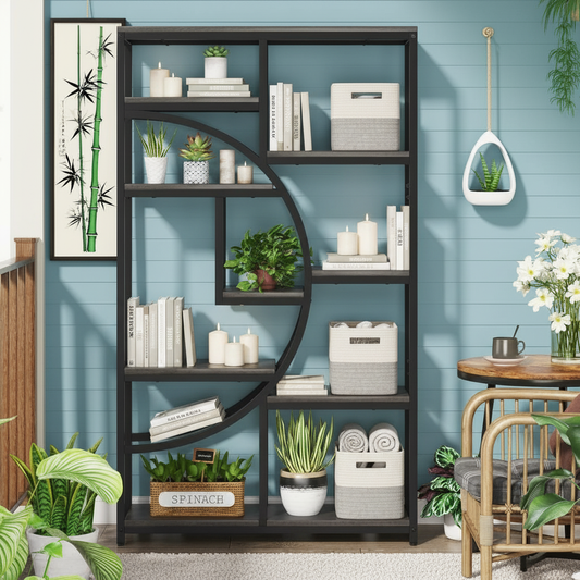 9-Shelf Half-Moon Etagere Bookcase, Metal and Wood Grain