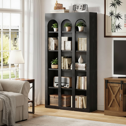 70.9 in Arched Farmhouse Bookshelf, Black Wood Grain