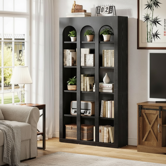 70.9 in Arched Farmhouse Bookshelf, Black Wood Grain