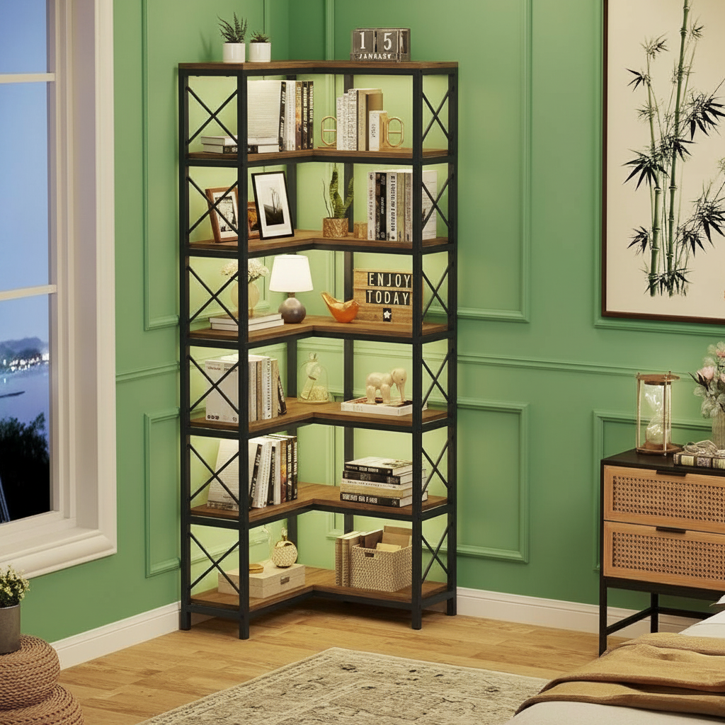 Corner Bookshelf 79 in Tall with X-Bar Frame, Grey