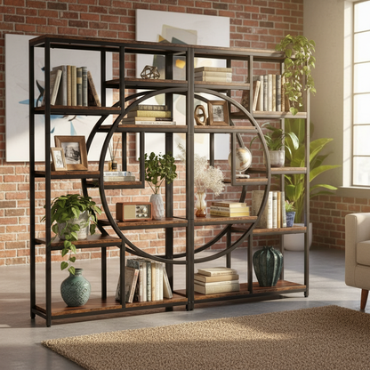 9-Shelf Half-Moon Etagere Bookcase, Rustic Brown