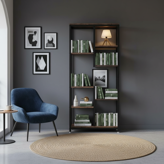 6-Tier Staggered Bookshelf, Black Metal and Wood