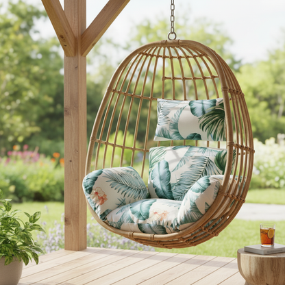 Egg Chair Cushion with Headrest, Blue Beige Leaf, 45 in