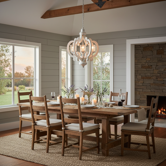 Farmhouse 6-Light Wood Chandelier, Cream