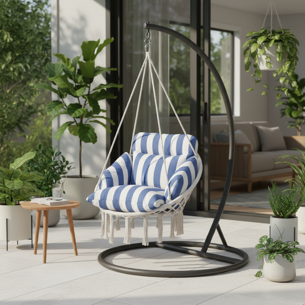 Hanging Hammock Swing Chair with Cushion, Blue and White