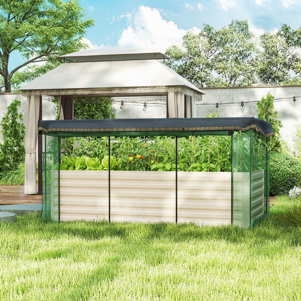 Raised Garden Bed with Crop Cage and Shade Cloth, Beige