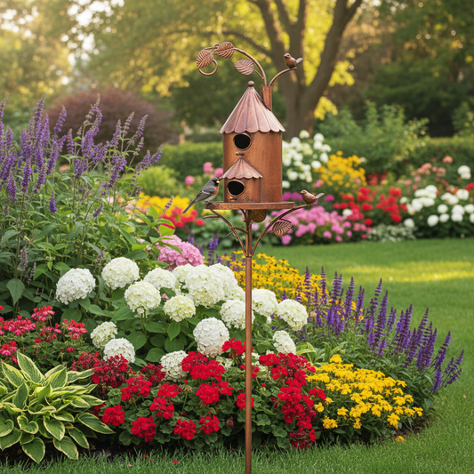 Distressed Metal Cottage Bird House with Garden Stake