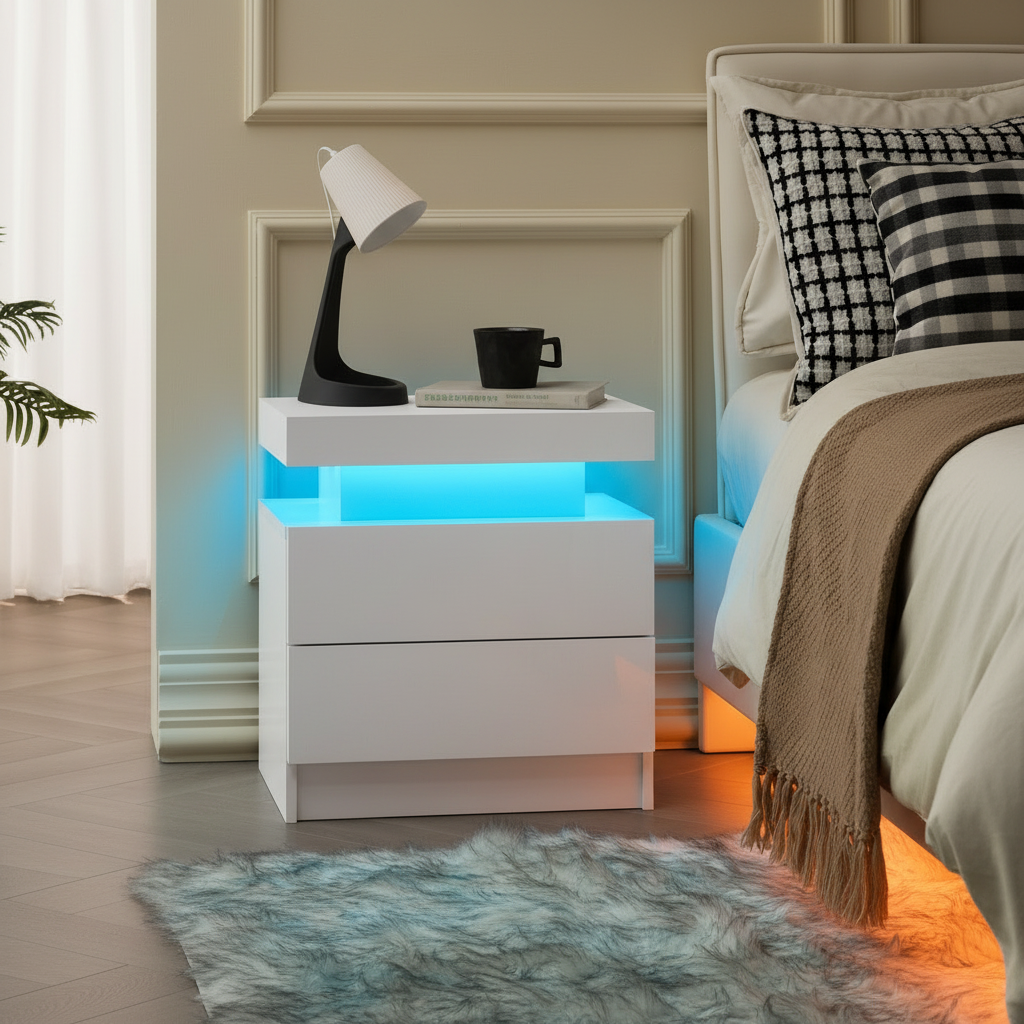 LED Nightstand with 2 Drawers, White Bedside Table