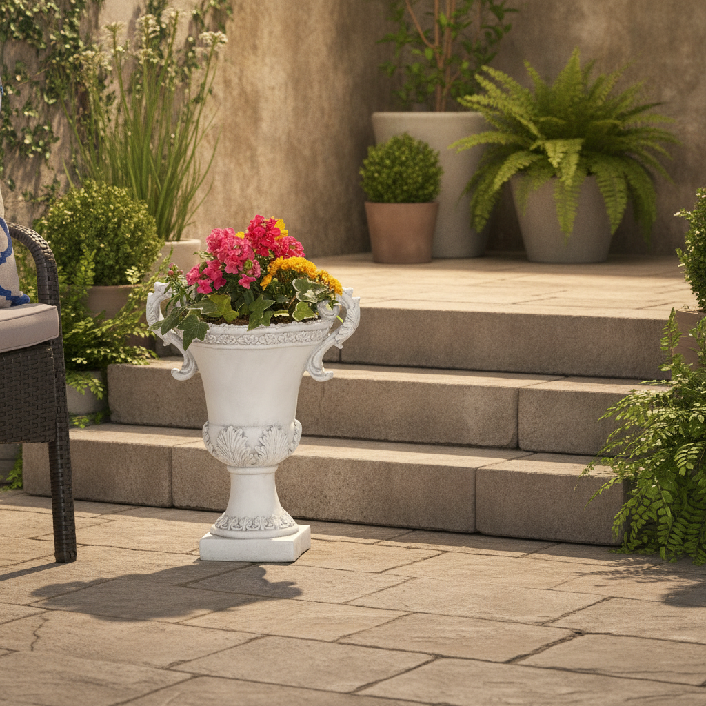 Antique White Magnesium Oxide Garden Urn Planter, 19 in