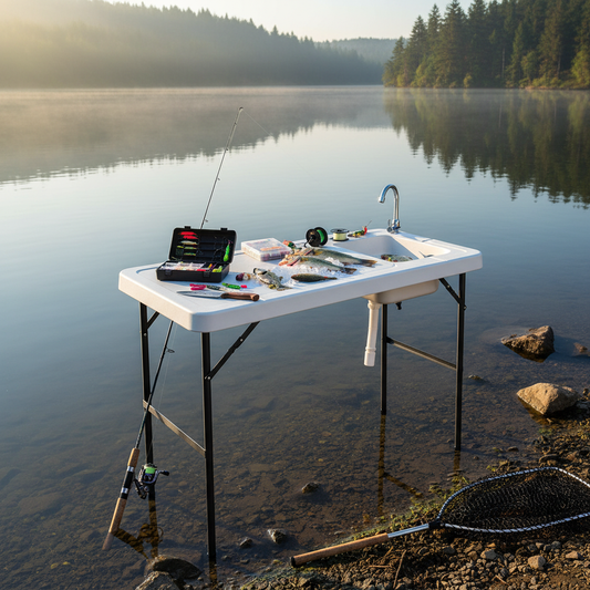 Folding Fish Cleaning Table with Sink and Faucet, Off White