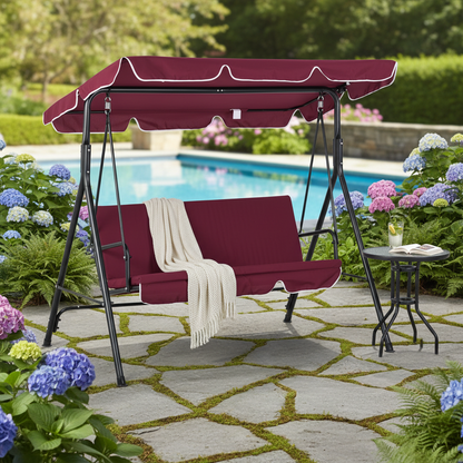 3-Seat Patio Swing with Tilt Canopy and Cushion, Wine Red