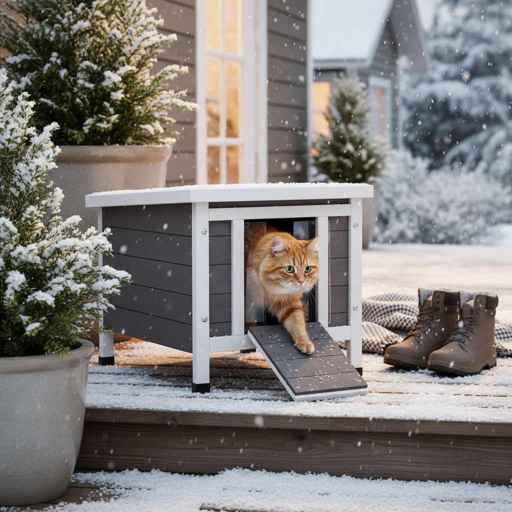 Outdoor Wooden Cat House with Sloped Roof and Door Flaps