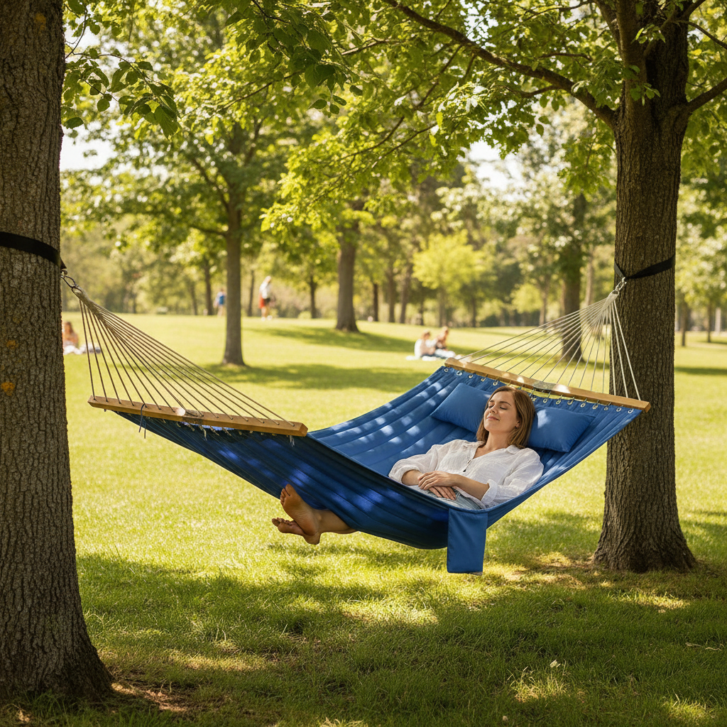 2-Person Quilted Outdoor Hammock with Pillow, Navy Blue