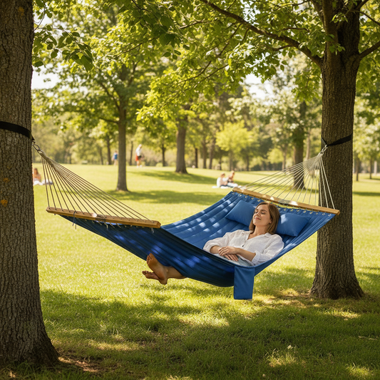 2-Person Quilted Outdoor Hammock with Pillow, Navy Blue