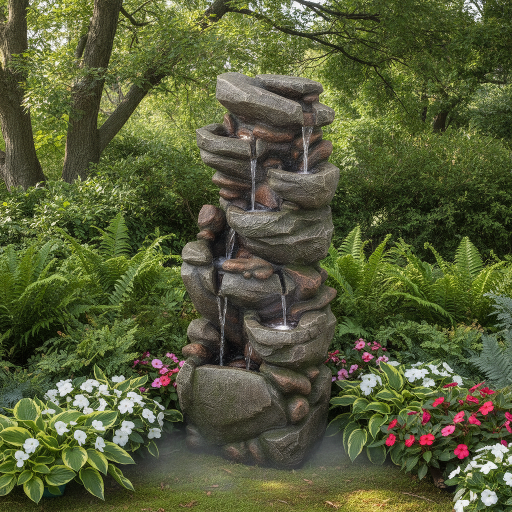 7-Tier Rock-Style Cascading Garden Fountain, 38.98 in
