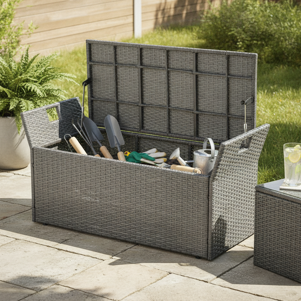 40 Gal PE Rattan Outdoor Storage Bench Deck Box, Grey