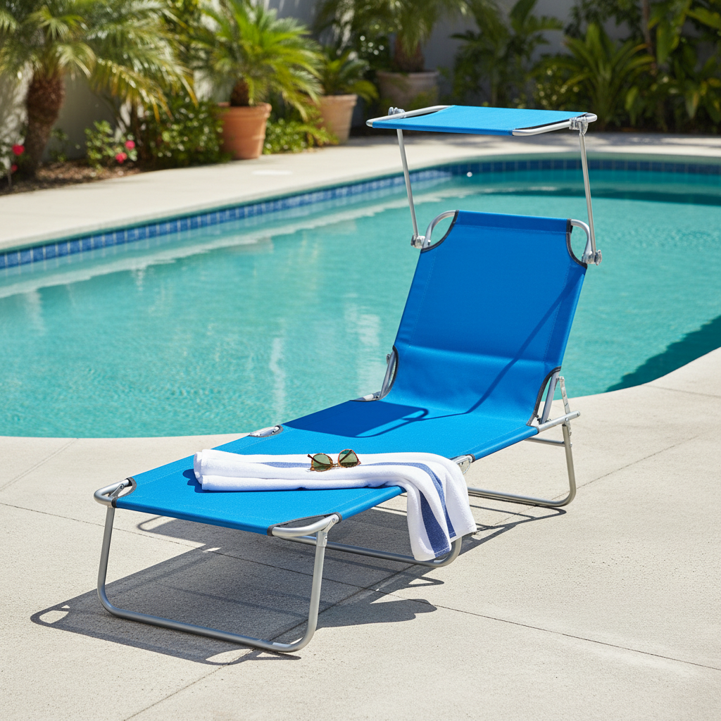 Folding Chaise Lounge Chair with Sun Shade, Blue