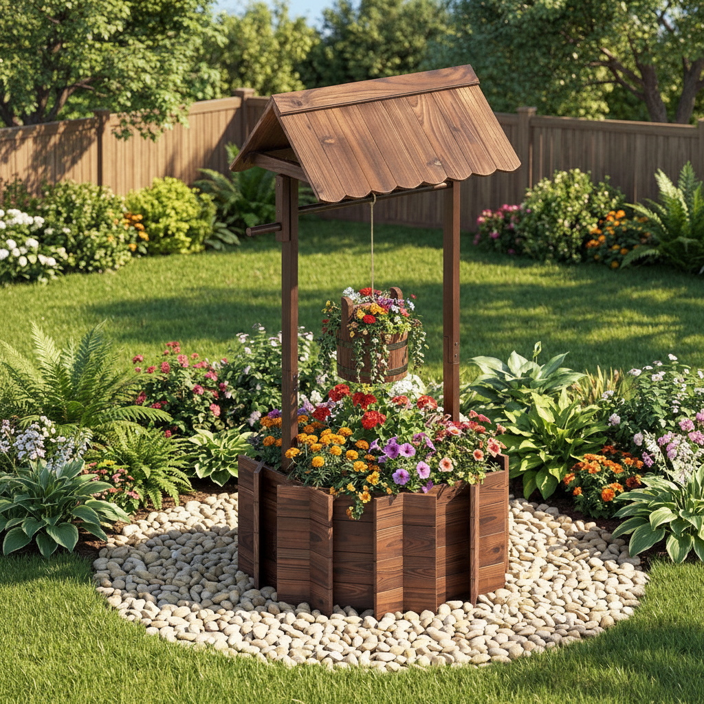 Wooden Wishing Well Planter with Hanging Bucket