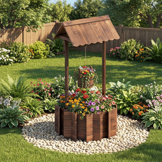 Wooden Wishing Well Planter with Hanging Bucket