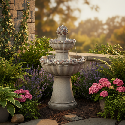 2-Tier Outdoor Water Fountain, Rock Base, 36.5 in, Grey