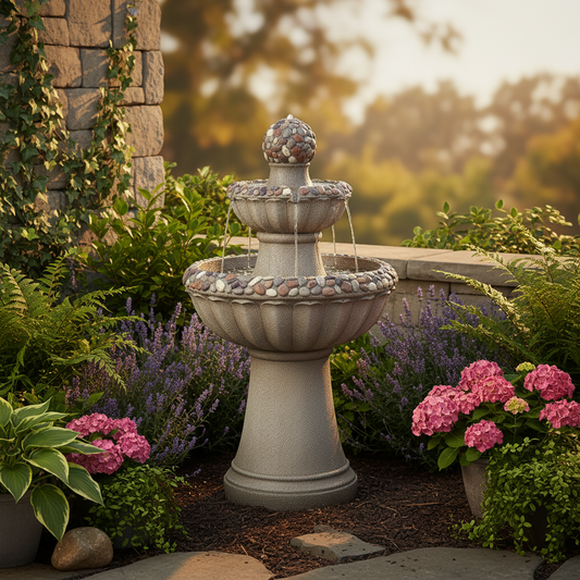 2-Tier Outdoor Water Fountain, Rock Base, 36.5 in, Grey