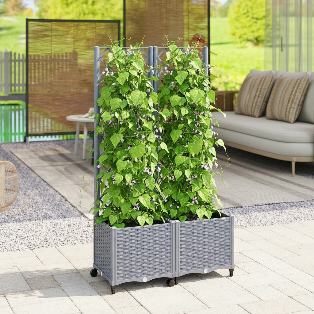 Self-Watering Planter Box with Trellis and Wheels, Gray
