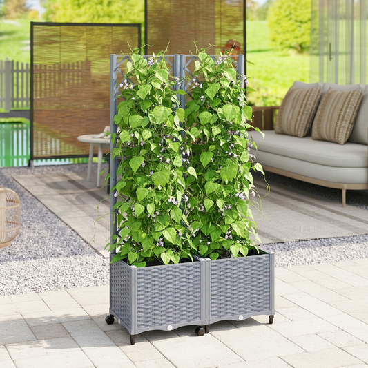 Self-Watering Planter Box with Trellis and Wheels, Gray
